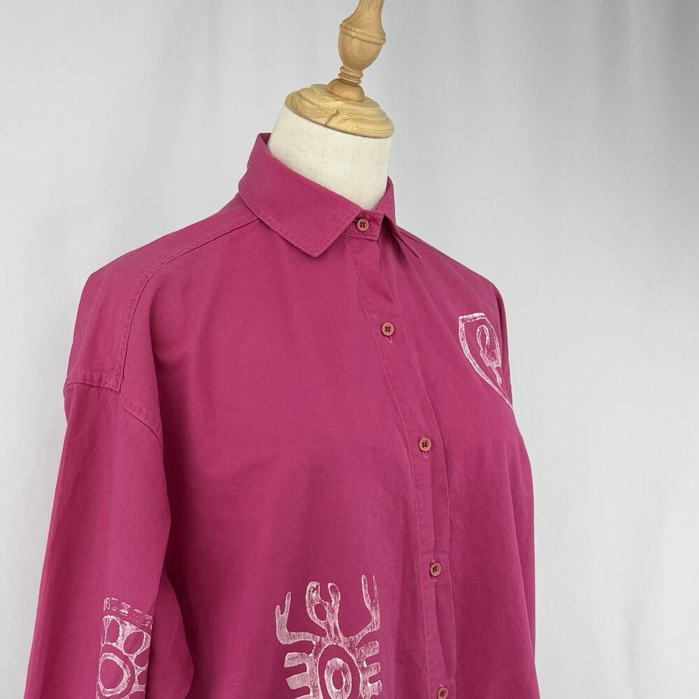 Vintage Worlds Apart Shirt Womens L Pink Tribal Print Button Up Boho Art - Picture 2 of 6